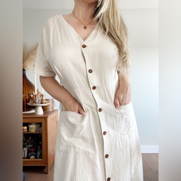 Cream Linen Button Down Dress with Pockets - Picture 2 of 7